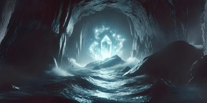 A Glowing Silver Crystal Inside A Hidden Cavern.