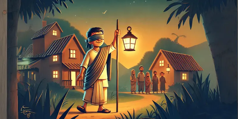 A Man With Lamp In The Village, Man Wear A Fold On His Eyes