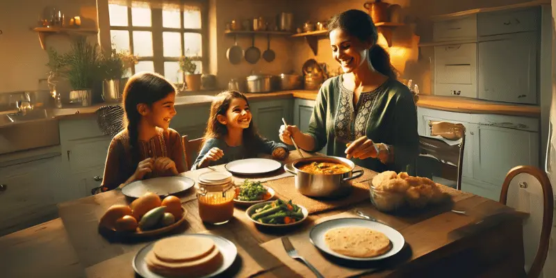 A Mother With Her Daughters Eating Dinner