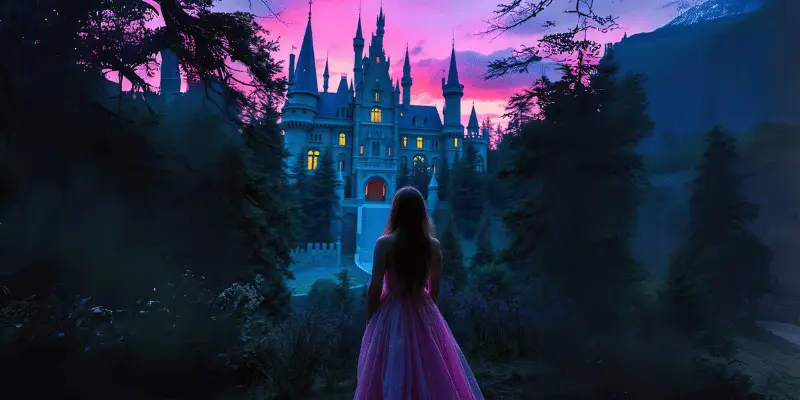 A Young Girl In Front Of Magical Castle