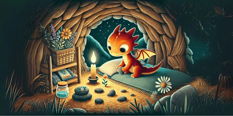 Flicker Admires His Treasures In His Cozy Cave, Glowing Softly At Night