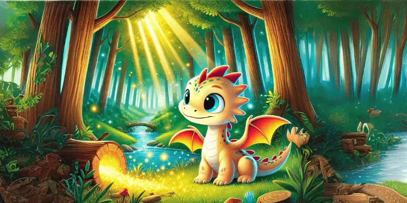 Flicker The Dragon Begins His Journey In A Magical, Sunlit Forest.