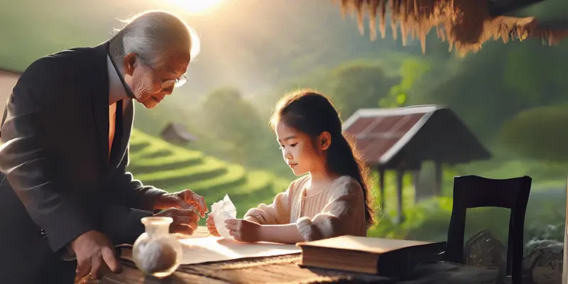 Girl Smoothing Crumpled Paper On A Table, With Teacher