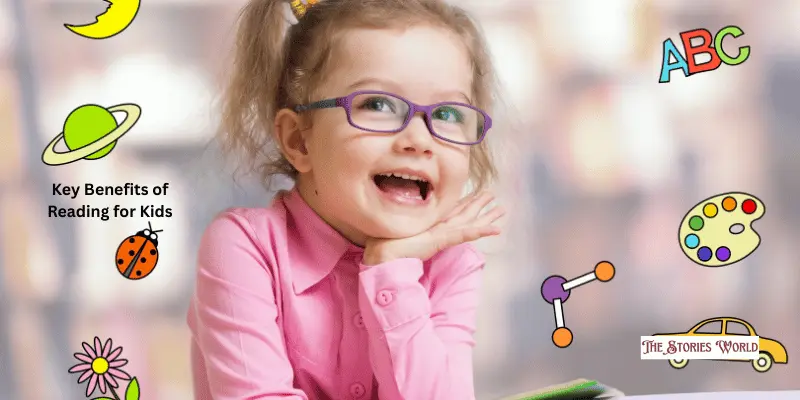 Key Benefits Of Reading For Kids A Baby Girl, Many Objects Related To Learning Floating Around Her.