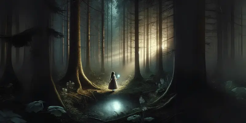 Liora Stands In The Magical Forest, Holding A Silver Feather.