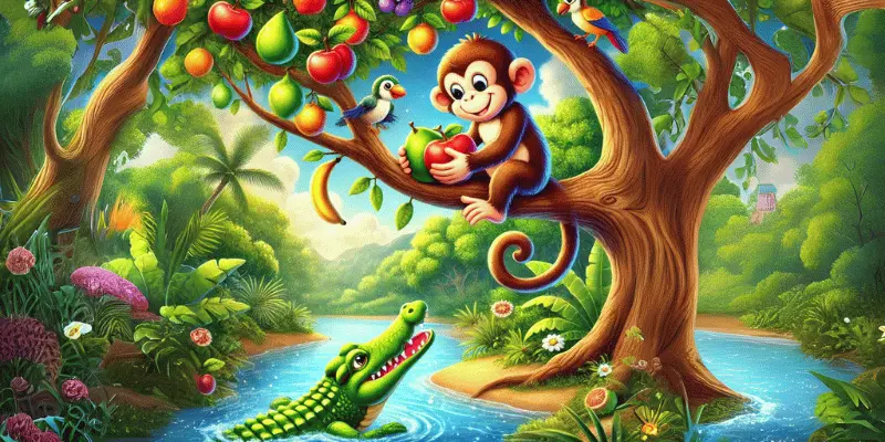 Monkey Happily Sharing Fruit With The Crocodile