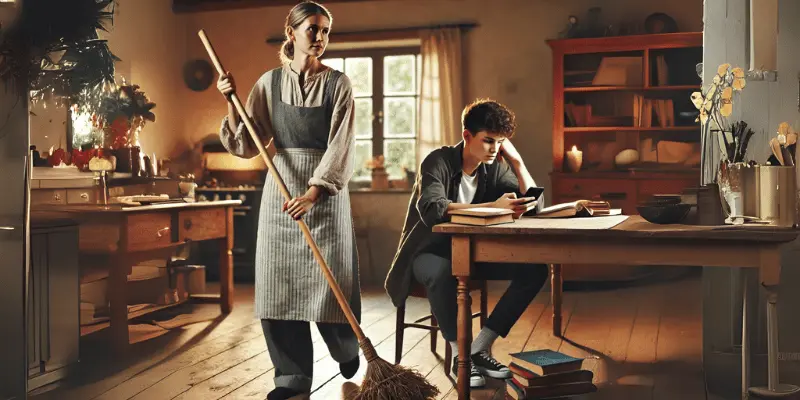 A Mother Cleaning Her Home While Her Son Studies.