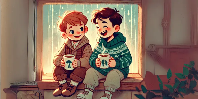 Sam And Ben Sitting Together, Enjoying Hot Chocolate