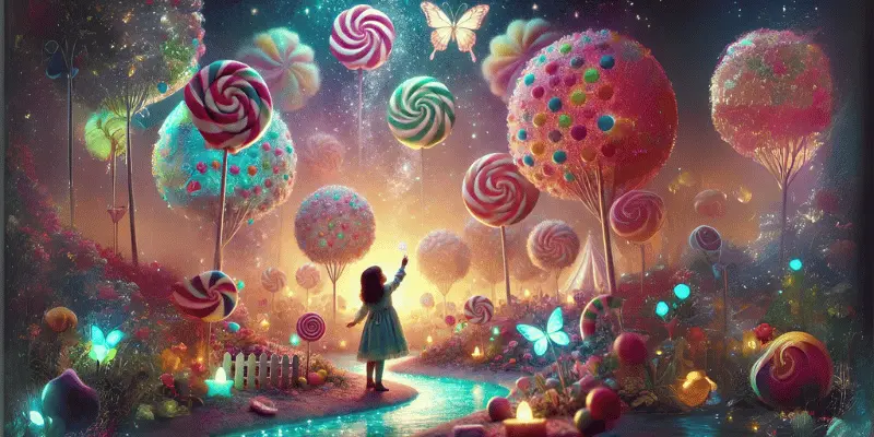 Tilly Exploring The Land Of Dreams, Filled With Candy Trees.