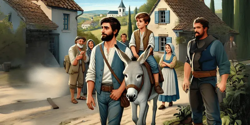 The Boy Is Sitting On The Donkey, And Miller Is Walking