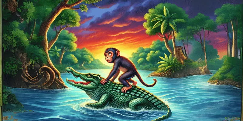 The Monkey Cautiously Riding On The Crocodile’s Back