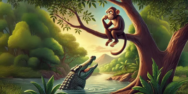 The Monkey Sitting Safely In His Tree, Looking At The Crocodile