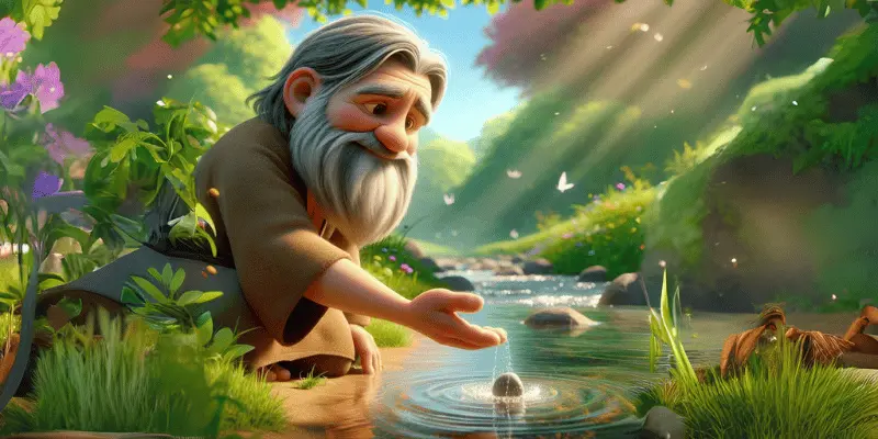 Wise Old Man Tossing Pebbles Into Stream